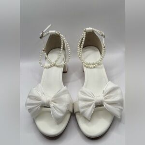 White Satin Open Toe Bridal BowShoes- Pearl Ankle Strap W/ 2” Heel (Size 42).
